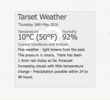 Screenshot of the 2015 weather information panel for the updated Tarset website